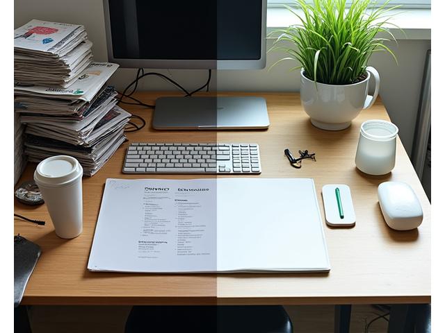 잡동사니로 어수선한 사무실과 미니멀하게 정리된 사무실의 대조